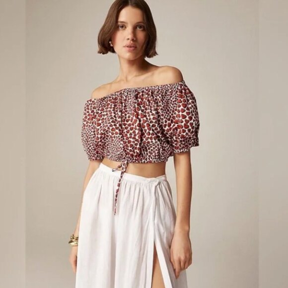 J. Crew Cinched-waist Cropped Top in Strawberry Swirl Cotton Poplin - Picture 1 of 9